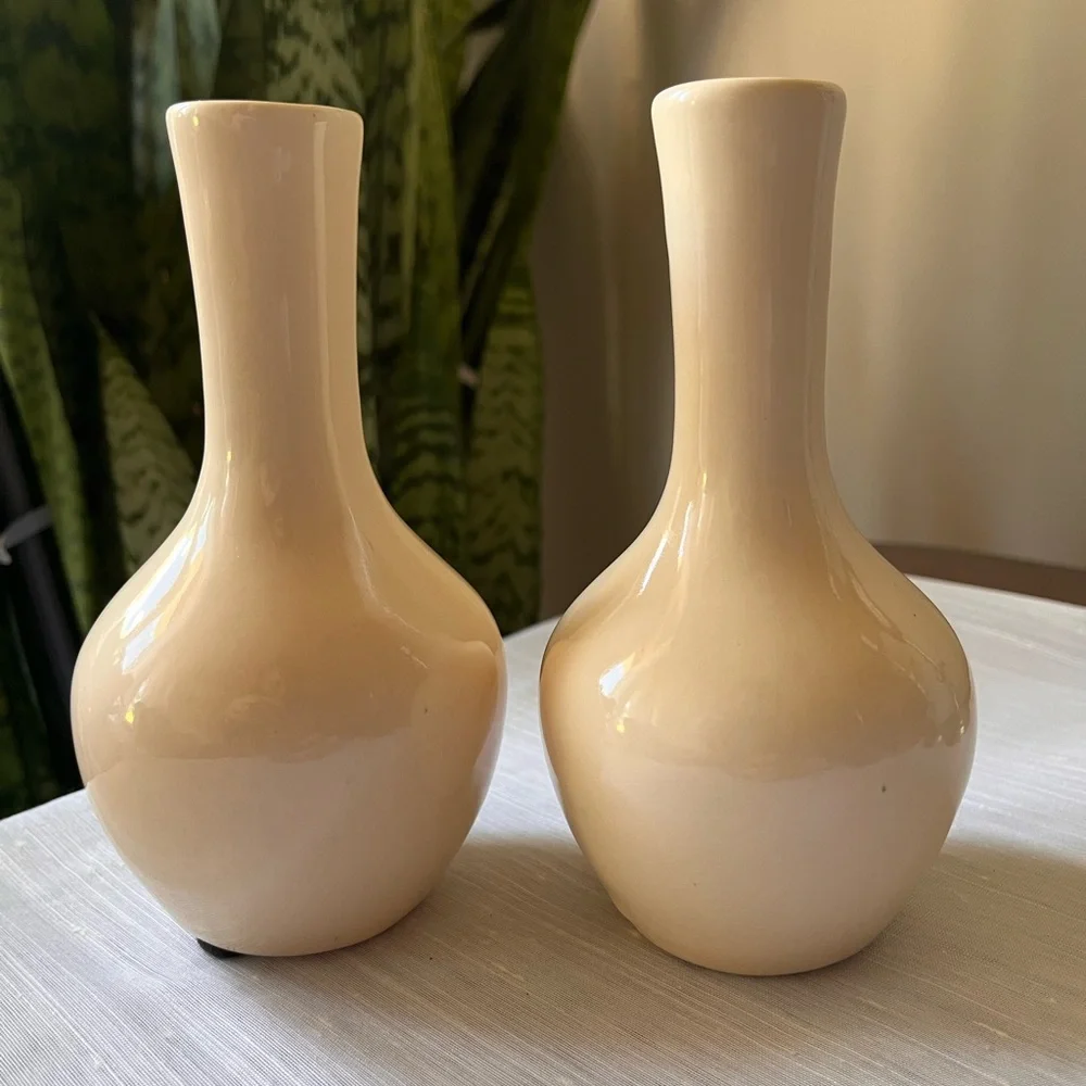 Vintage Beige Cream Ceramic Vases Set of 2 Matching Bud Vases Mod MCM Retro